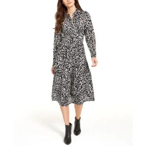 Alfani Womens Animal Print Pleated Fit & Flare Dress, Black/White
